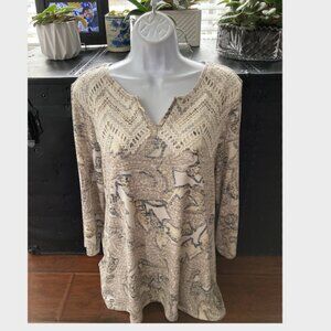 Susan Graver White Cream Knit Lace  3/4 SleeveTunic Top